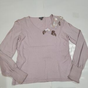 Light pink Purple sequin merino wool sweater top with long sleeves and V-neck